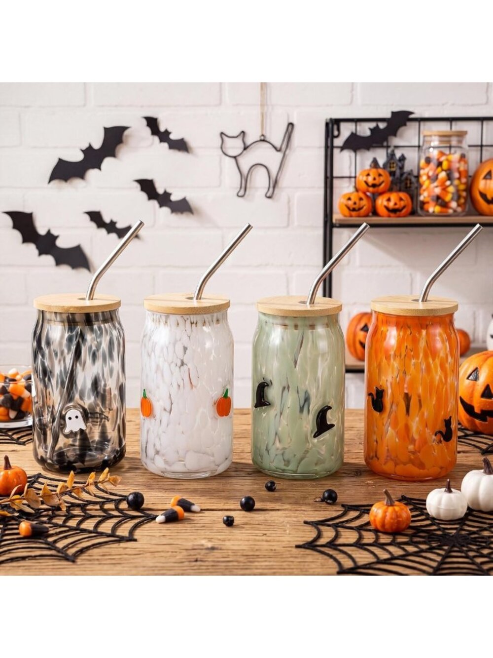 Halloween Icon Glass Cups Set - 4 PCS Ghost, Pumpkin, Cat & Witch Hat - 16oz